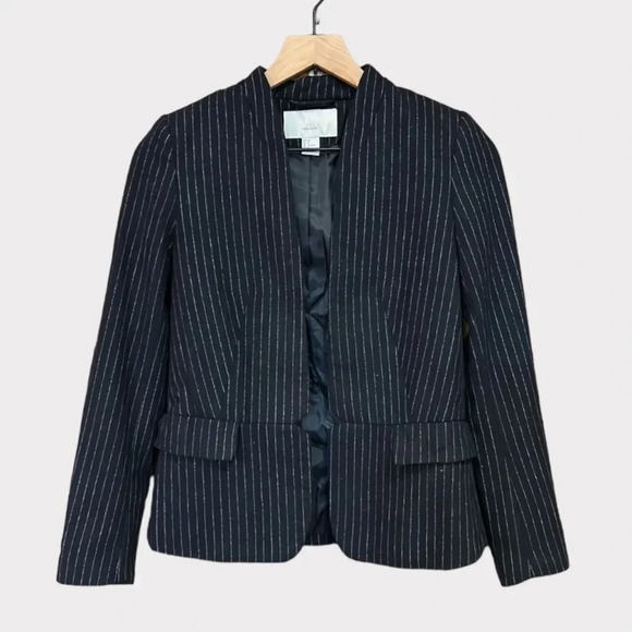 H&M Wool Blend Navy Blue Pinstriped Blazer Sz 2 - Picture 1 of 8
